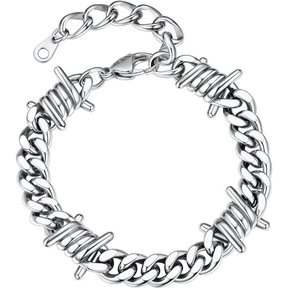Siver Barbed Wire Cuban Chain Bracelet 7/9mm Punk Gothic Stainless Steel Unisex - Picture 1 of 9